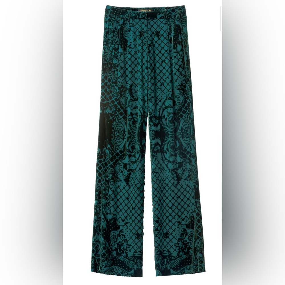 NWT BALMAIN x H&M Green Silk Blend Velvet Burn Out Pants Trousers Size 6